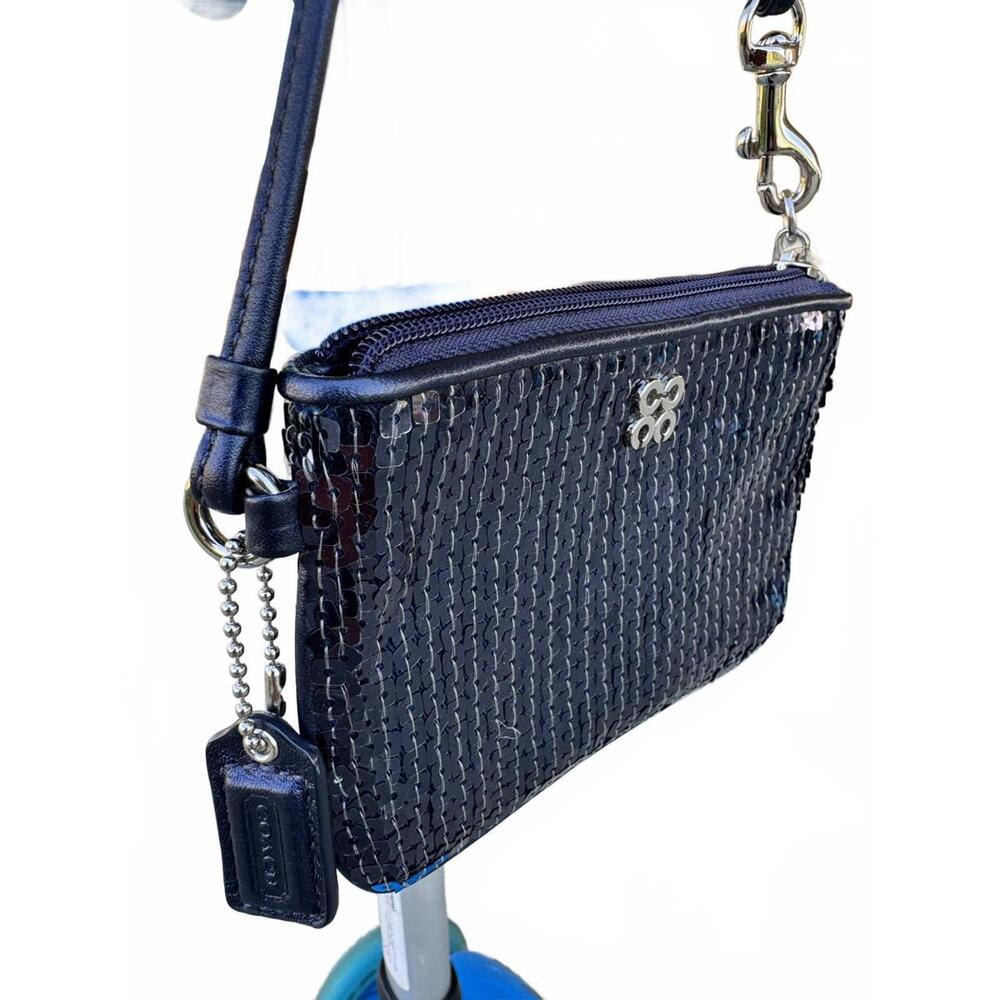 Coach Navy Blue Sequin Wristlet Puoch with silver logo
